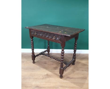 An 18th Century oak Side Table with later carving, fitted frieze drawer on bobbin turned supports and stretchers, 2ft 11in W 