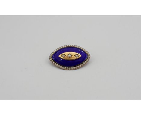 A 19th Century Seed Pearl and blue Enamel Brooch the marquise shaped plaque set three pearls within vivid blue enamel border 