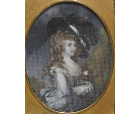 AFTER THOMAS GAINSBOROUGH (1727-1788) Portrait miniature of Lady Georgiana Cavendish, wearing a blue dress and black hat, ova