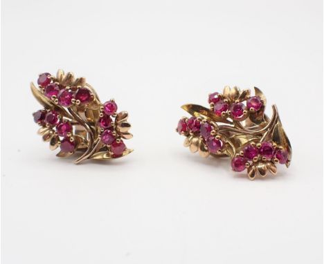 A pair of Ruby Flower Spray Ear Clips each claw-set twelve round stones, marked Garrard, London, unmarked, untested, approx 7