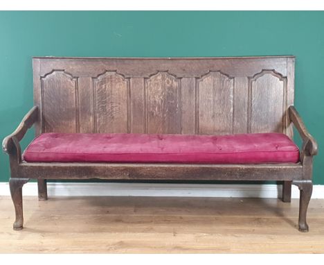 An Antique oak five panel back Settle with shaped arms, button upholstered seat raised on cabriole supports, 3ft 5inin High x