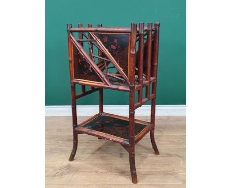 A bamboo Magazine Stand with chinoiserie lacquered panels to the sides and lower shelf, 2ft 8in H 