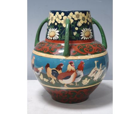 A Frederick Rhead for De Foley "Intarsio" four handled globular Vase, decorated with Chickens and Ducks within scrolled bands