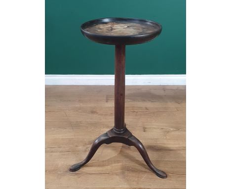 A Georgian mahogany Kettle Stand the circular dished top, supported by gun barrel column, raised on tripod base, A/F, 2ft 6in