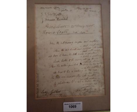 A framed Manuscript - Gilbert &amp; Sullivan extract of A Policeman's Lot, signed by Lucy Gilbert, and others, dated 1905 