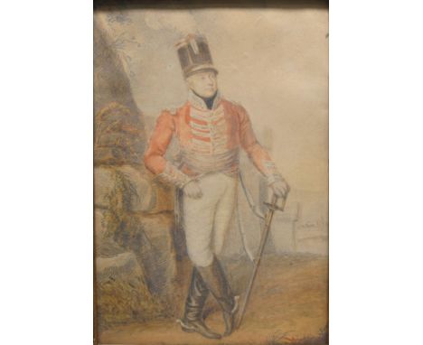 ENGLISH SCHOOL CIRCA 1810. Portrait of an Officer, standing full length, wearing uniform, holding a sword, a fortification be