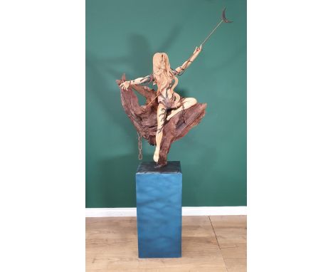 IAN NORBURY (b:1948) 'Siren' - Limewood Sculpture on natural root stand and plinth 