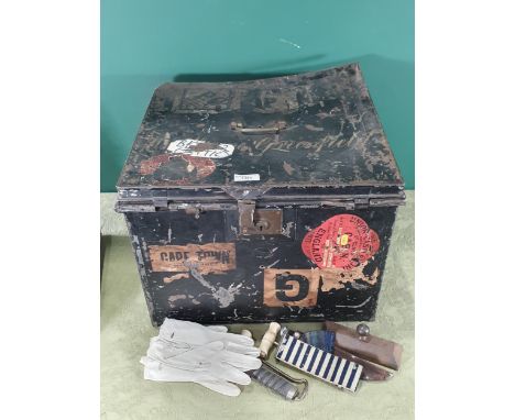 An antique military Tin Trunk named Greenfield A/F, another Tin Trunk, a wooden Chest, Military Dress Gloves, Boot Pulls, ant