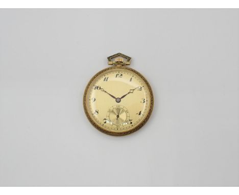 An Eterna open faced keyless wind Pocket Watch the brushed gold dial with arabic numerals and subsidiary seconds dial in 18ct
