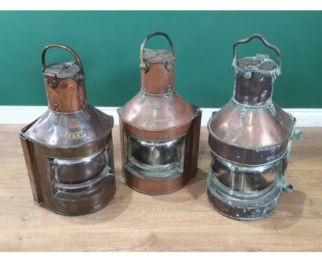 Three large antique copper Ship's Lamps, two marked Starboard, Port, the third bow light marked Harvie &amp; Co. 23in H 