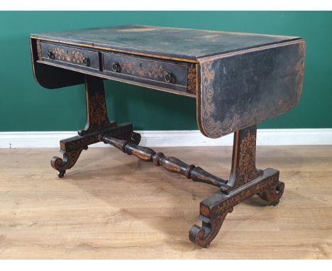 A 19th Century painted Sofa Table with floral, leafage and scrolled decorations, with pair of fitted frieze drawers and two d