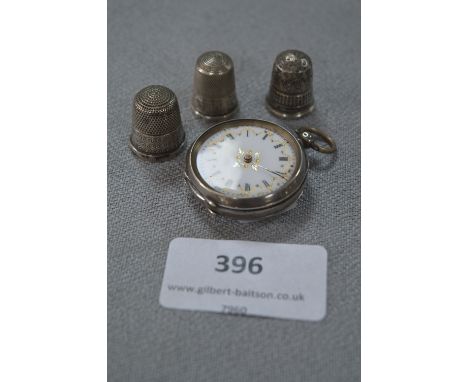 Ladies Silver Pocket Watch with Enamel Face and Three Silver Thimbles 