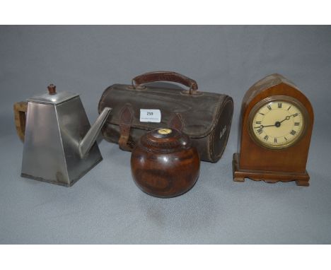 Pair of Bowling Woods in Case, Mahogany Mantel Clock and a Plated Teapot 