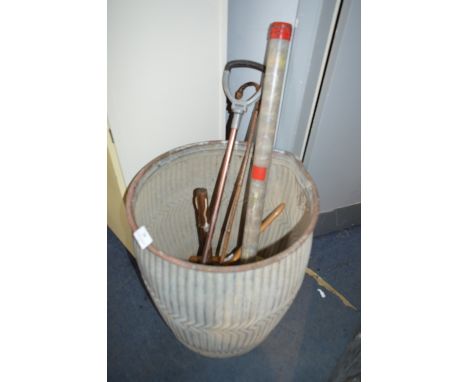 Galvanised Dolly Tub and Contents Including a Walking Stick and a Hammer 