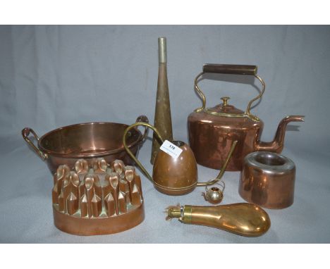 Selection of Copper Ware Including Kettle, Pan, Jelly Mould, Horn, Powder Flask, etc. 