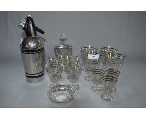 Silver Banded Art Deco Style Drinking Glassware and a Soda Siphon 