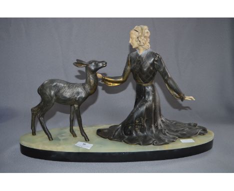 Art Deco Figurine on Marble Base - Lady with Deer 