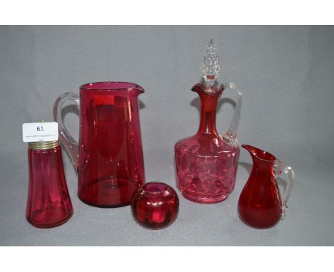 Cranberry Glassware, Decanter, Jugs, Sugar Sifter and a Small Vase 