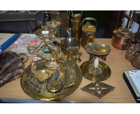 Quantity of Brassware Including Hall Lantern, Spirit Kettle, Jam Pan, Tray, Ornaments, Watering Can etc. 