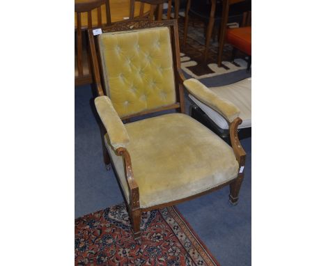 Victorian Mahogany Framed Inlaid Button Back Armchair with Musical Instrument Inlay 