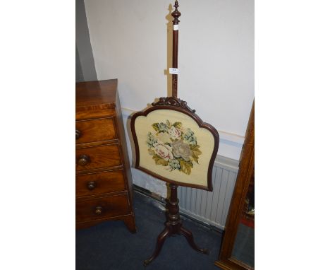 Victorian Mahogany Pole Firescreen with Needlework Panel 