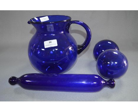 Blue Glassware, Large Jug, Witches Bowls and Rolling Pin 
