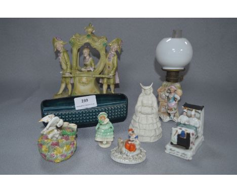 Staffordshire Ware Including Nest Spill Vase, Fairing, Oil Lamp, Figurines, etc. 