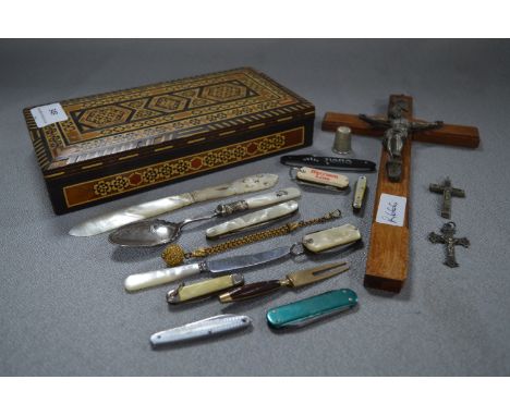 Marquetry Inlaid Trinket Box and Contents Including Crosses, Letter Opener, Pen Knives, Hat Pins, etc. 