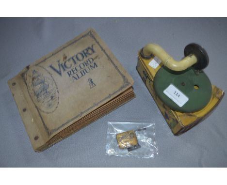 German Tin Plate Toy Gramophone with Lithograph Print, Album of Records and Needles 