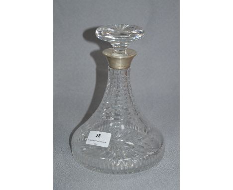 Silver Topped Glass Ship Decanter with Birmingham Hallmark 