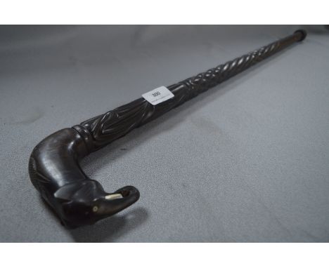 African Carved Ebony Elephant Handled Walking Stick 