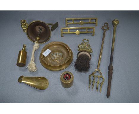 Copper and Brass Ware Including Fire Side Tools, Bell, Ashtray etc. 