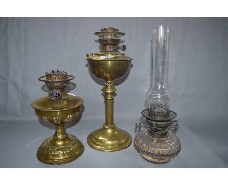 Two Victorian Brass Oil Lamps and and One Glass Oil Lamp 