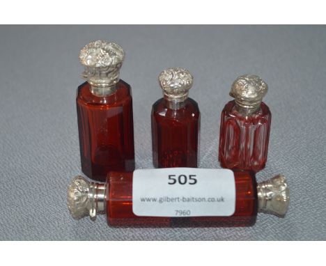 Four White Metal Topped Ruby Glass Scent Bottles 