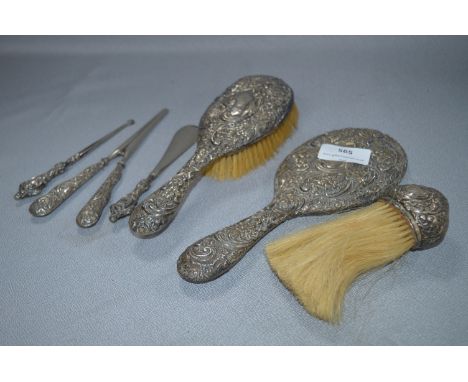 Embossed Silver Vanity Brush & Mirror Set with Shoe Tongs, Button Hook, etc - Birmingham 1912 