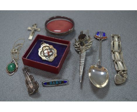 Assorted Silver Items; Fobs, Brooches, Christening Bracelet, Spoon, etc. 