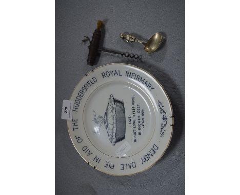 Denby Dale Huddersfield Royal Infirmary Commemorative Pie Plate, Corkscrew and a Silver Plated Baby Spoon 