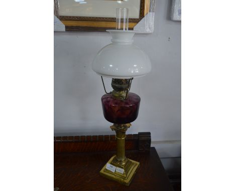 Victorian Brass & Coloured Glass Oil Lamp 