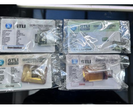 GTLI gem stone testing 107.25ct citrine, 96ct green amethyst, 21.5ct green amethyst & 201ct citrine 