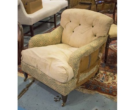 HOWARD &amp; SONS ARMCHAIR, 19th century with arched deep button back in original Howard &amp; Sons fabric and calico back re