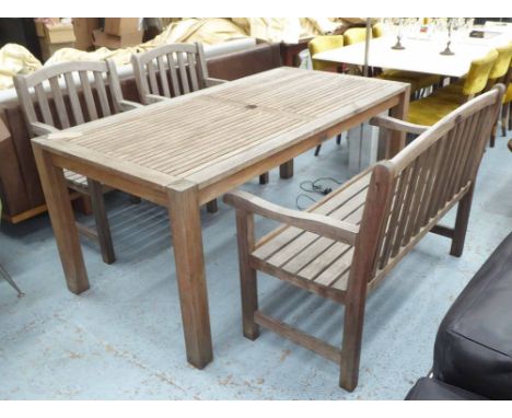 ORANGERY DINING SET, contemporary weathered teak, including table, 72cm H approx  and two chairs with bench. (4)