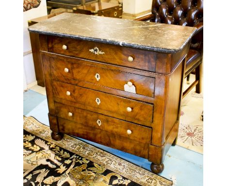 HALL COMMODE, 19th century French Louis Philippe figured walnut with four long drawers and St Annes variegated grey marble to