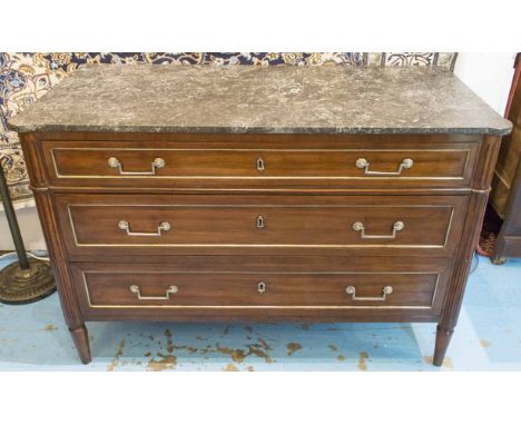 DIRECTOIRE COMMODE, late 18th century French mahogany and silvered metal mounted with three long drawers and marble top, 127c