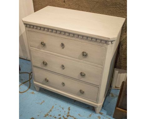 COMMODE, 19th century Scandinavian Gustavian style traditionally grey painted with three long drawers, 73cm x 41cm x 78cm H.