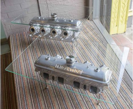 ROLLS ROYCE ENGINE LOW TABLES, a pair, chrome powder coated with rectangular glass tops, 37cm H x 70cm x 50cm. (2)