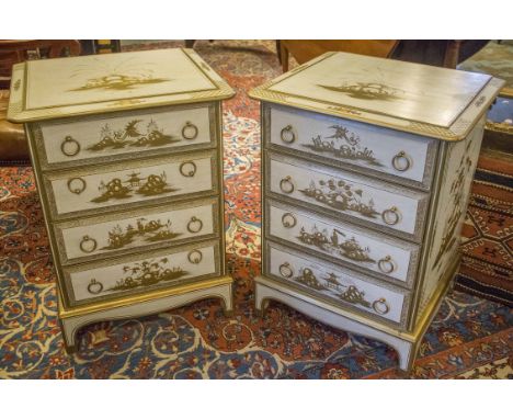 BEDSIDE CHESTS, a pair, silver painted and Chinoiserie gilt decoration each with four drawers and bracket supports, 53cm x 46