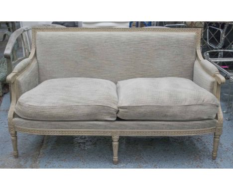 SOFA, French Louis XVI style with carved bleached frame and soft natural chenille upholstery with two cushion seat, 155cm W.