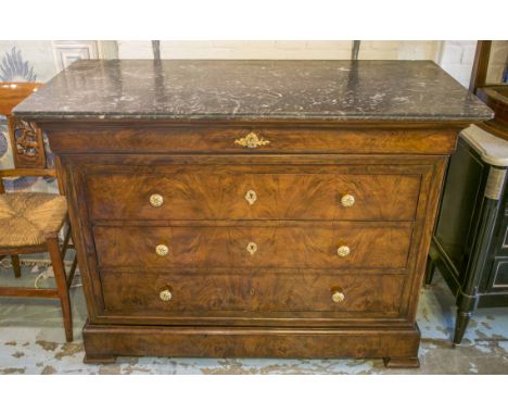 COMMODE, 19th century French Louis Philippe figured walnut with five long drawers and St Anne's grey marble top, 55cm D x 95c