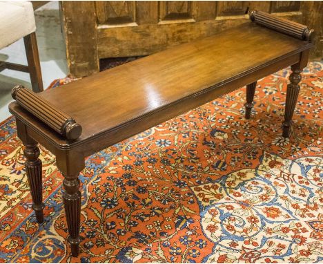 HALL BENCH, Regency style mahogany with reeded and turned bolster handles and rectangular seat and conforming supports, 120cm