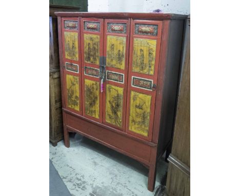 MARRIAGE CABINET, early 20th/late 19th century Chinese red lacquer and gilt Chinoiserie decoration with four folding doors en